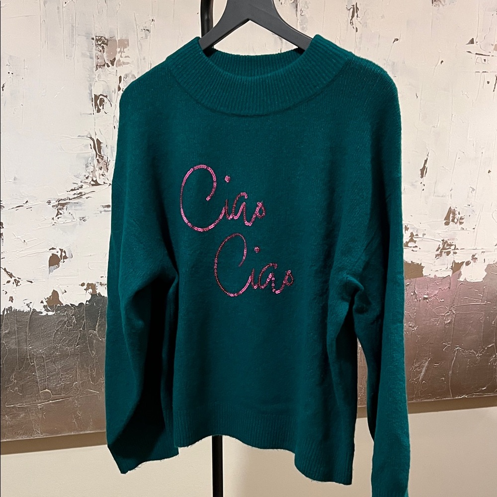 a new day Teal Crew Neck Sweater with Pink Script